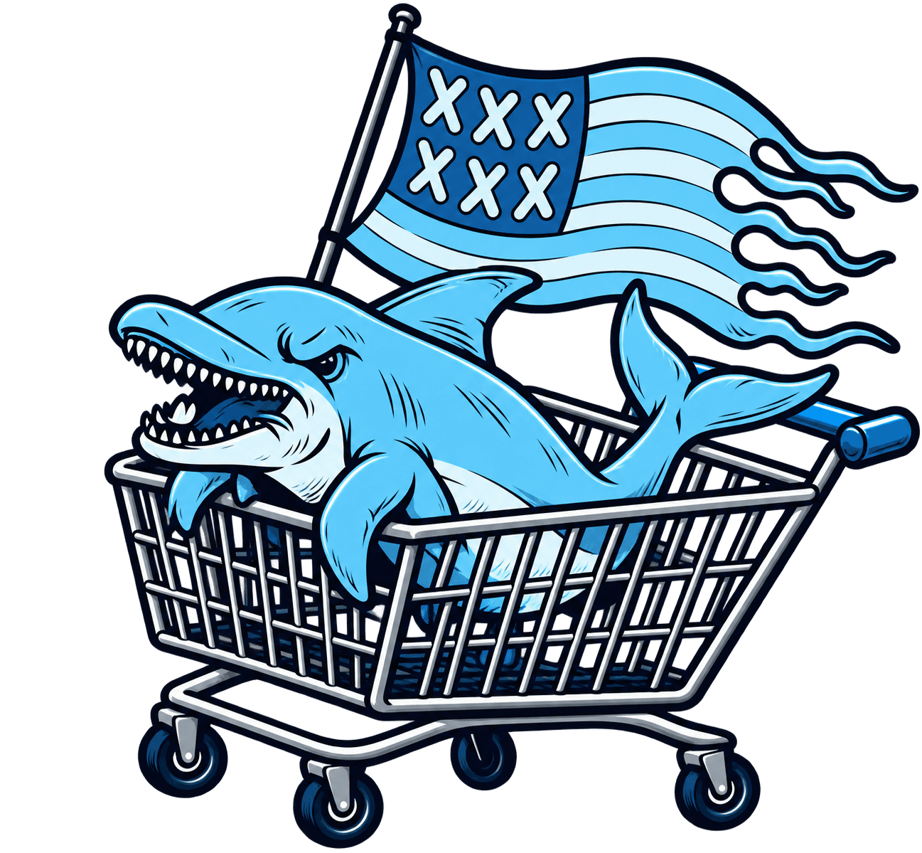 Delfín de No Flag Patriots montado en un carrito de la compra con la bandera XXX